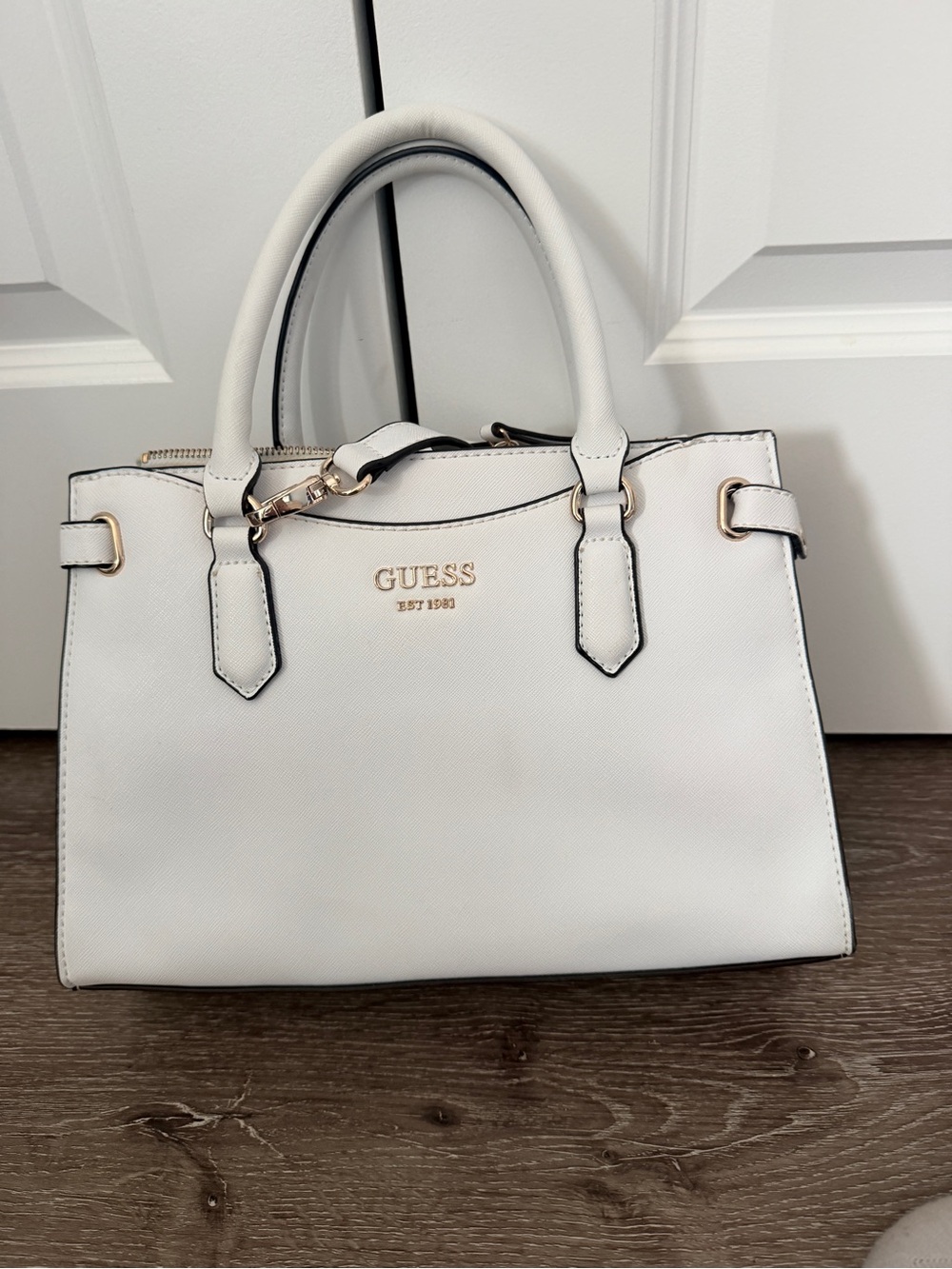 GUESS White Saffiano Satchel with Gold Hardware